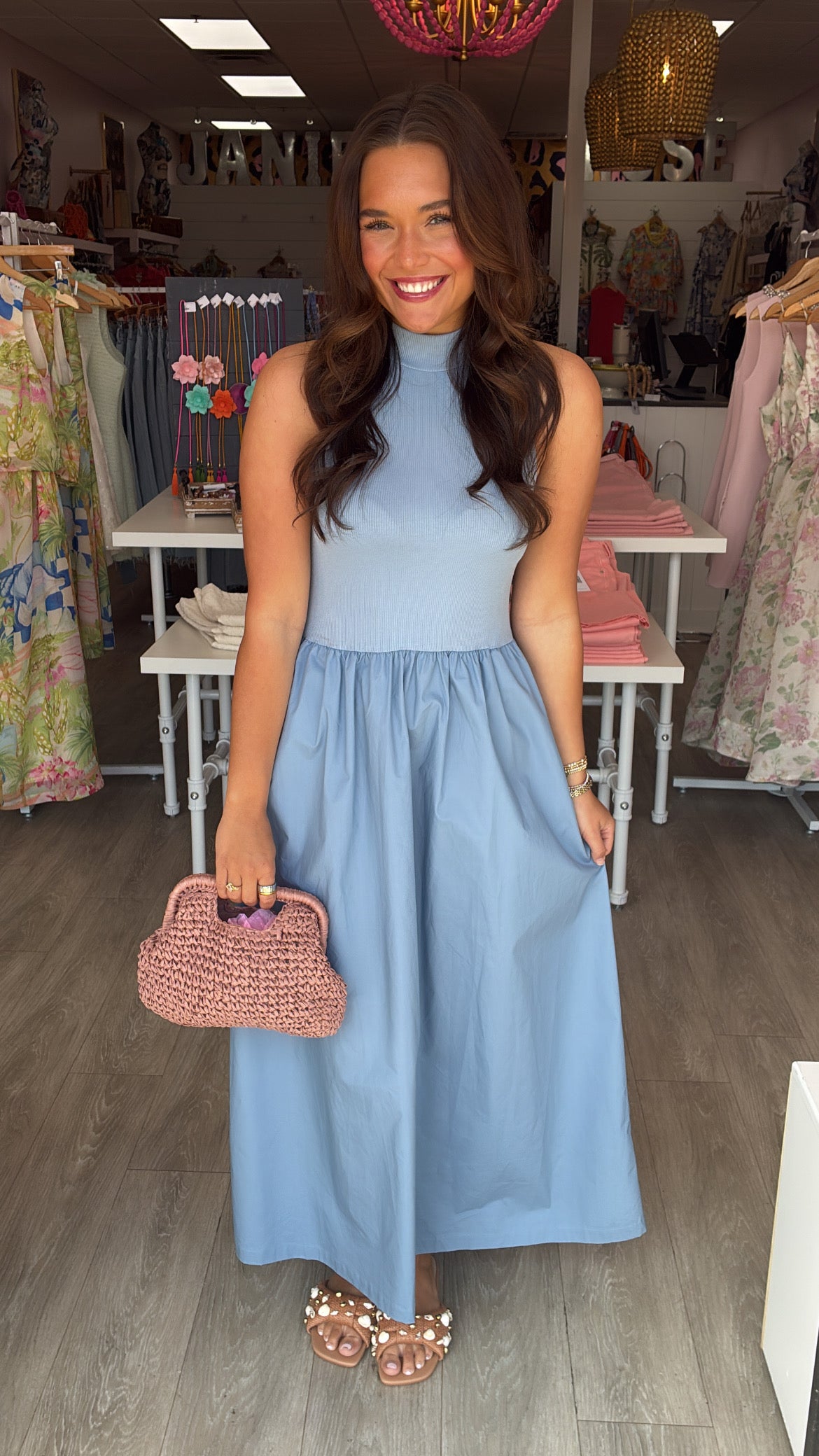 Karlie | Blue Solid Mock Maxi Dress