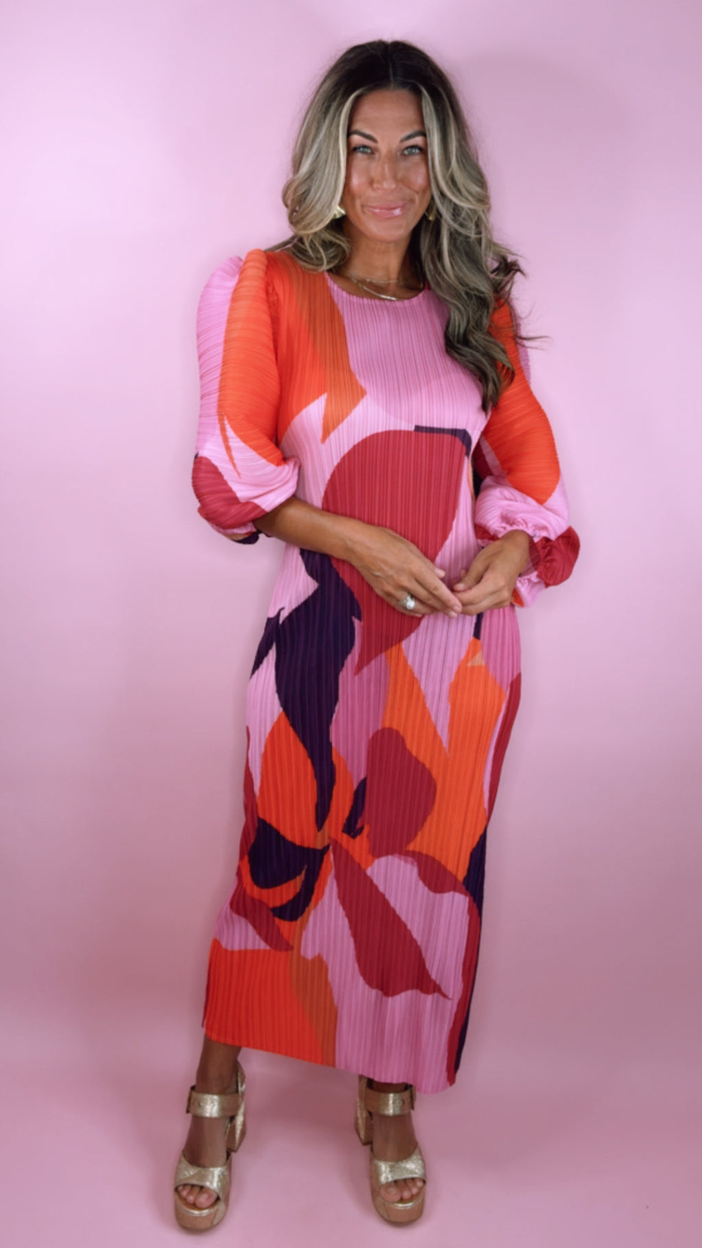 Abstract Print Pleat Puff Sleeve Midi Dress (OSF)