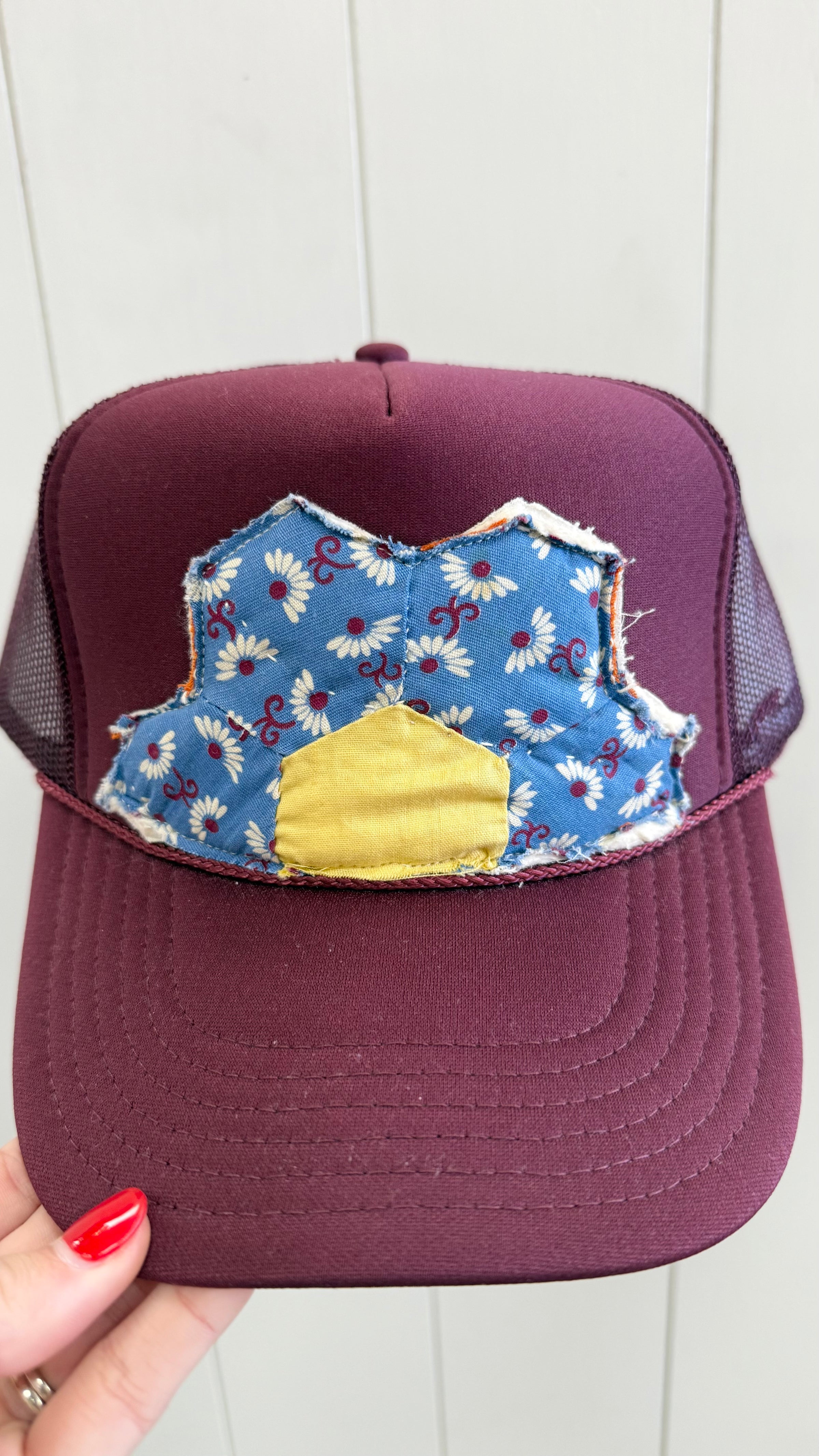Maroon Blue Floral Quilted Trucker Hat (1 LEFT)
