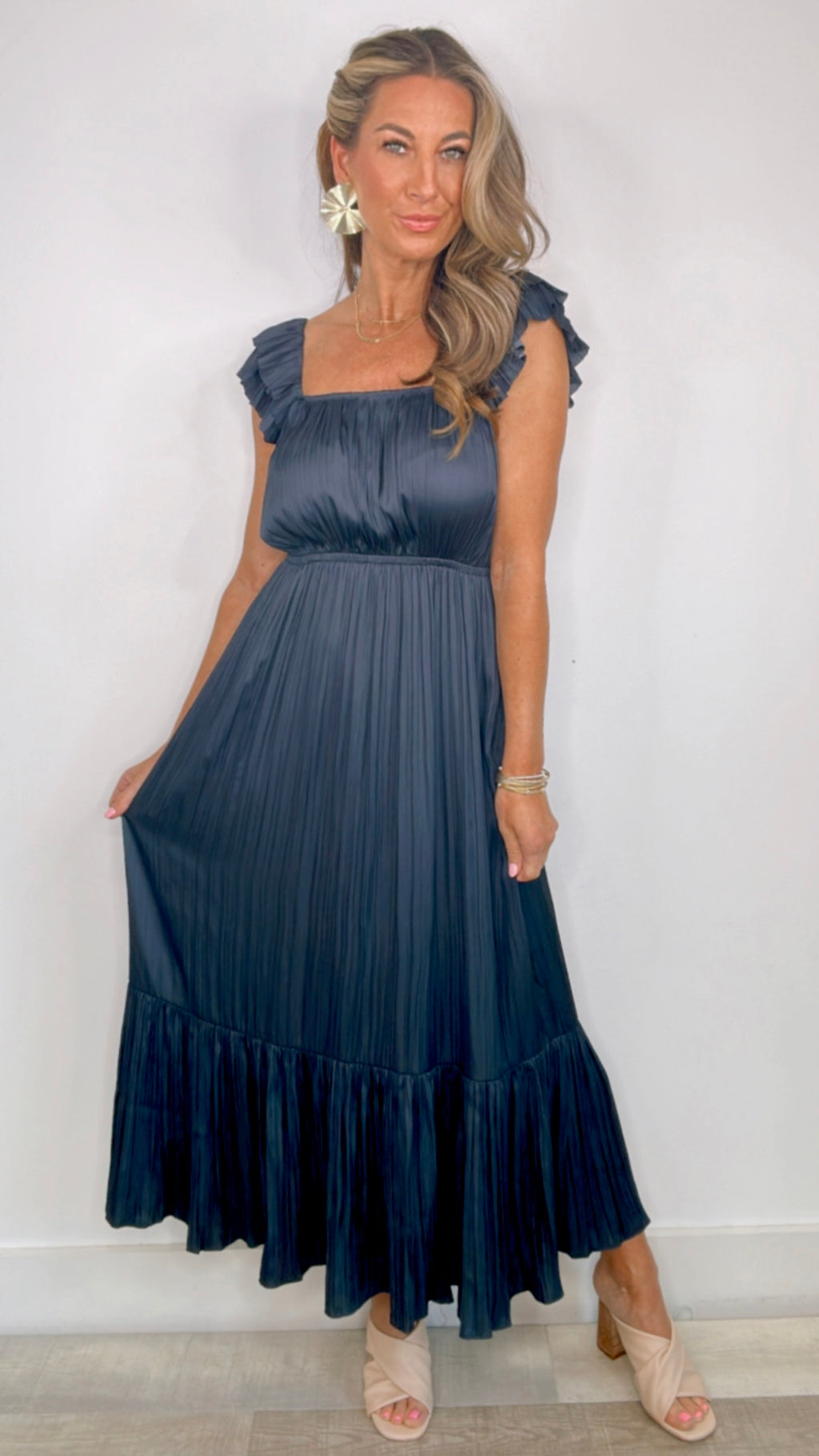 Current Air Navy Square Neck Flutter Sleeve Maxi