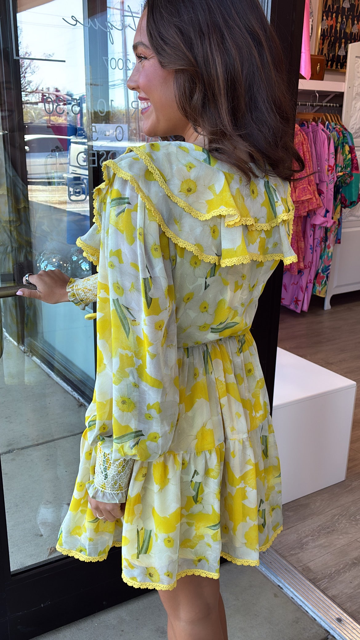 Yellow Ruffle Belted Dress