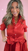 J. Marie Red Flutter Sleeve Pearl Tie Dress (1 XS)