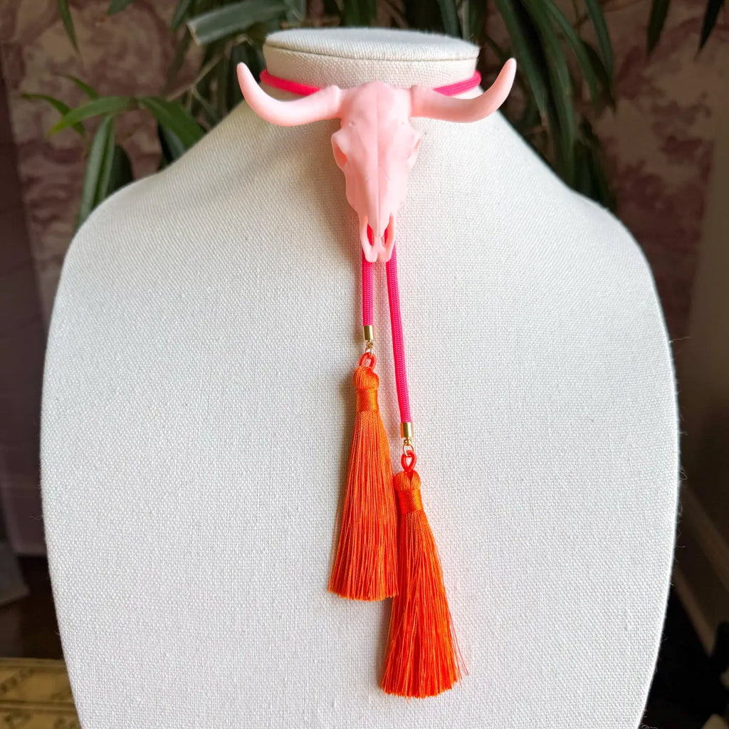 Longhorn Bolo with Neon Pink & Orange Tassel