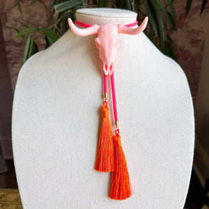 Longhorn Bolo with Neon Pink & Orange Tassel