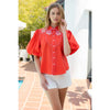 THML Orange Flower Embroidered Puff Sleeve Top