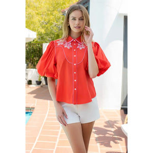 THML Orange Flower Embroidered Puff Sleeve Top