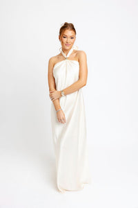 Karlie | Ivory Solid Satin Halter Maxi Dress
