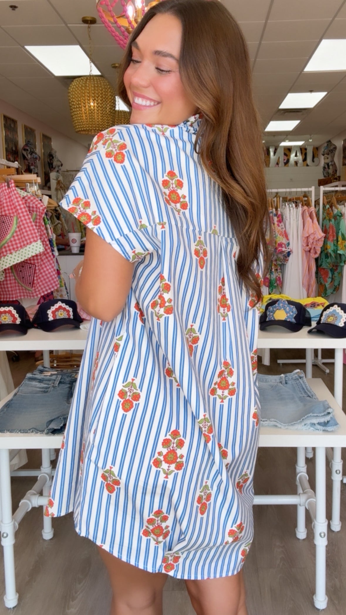 Karlie | Blue Stripe Floral VNeck Signature Shirt Dress
