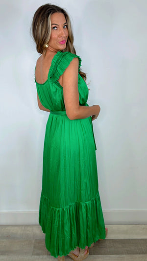 Current Air Deep Spring Green Tie Waist Midi Dress (MEDIUM)