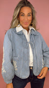 Denim Embroidered Quilted Tie Front Jacket (1 LARGE)