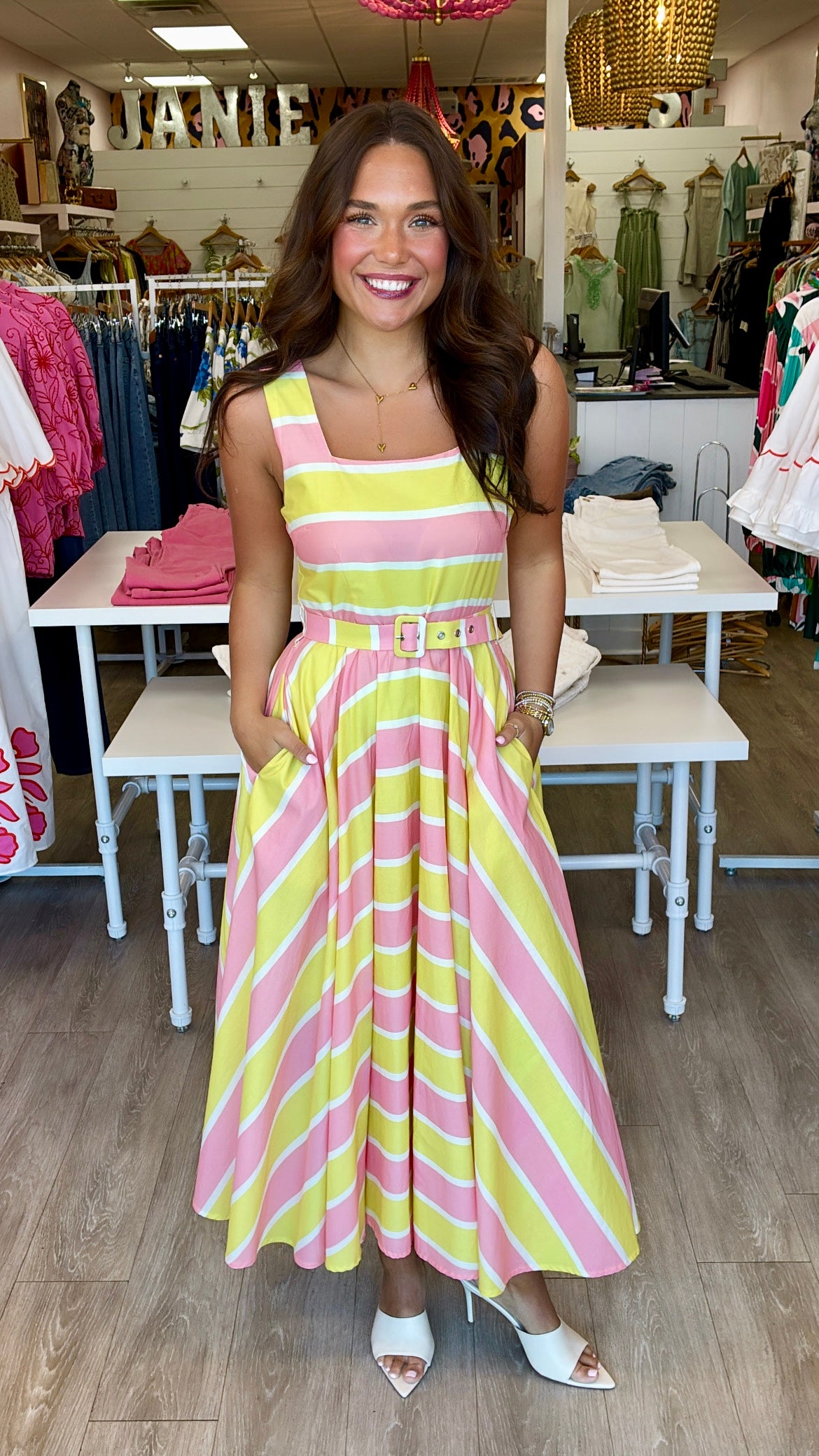 Yellow Stripe Belted Midi Dress