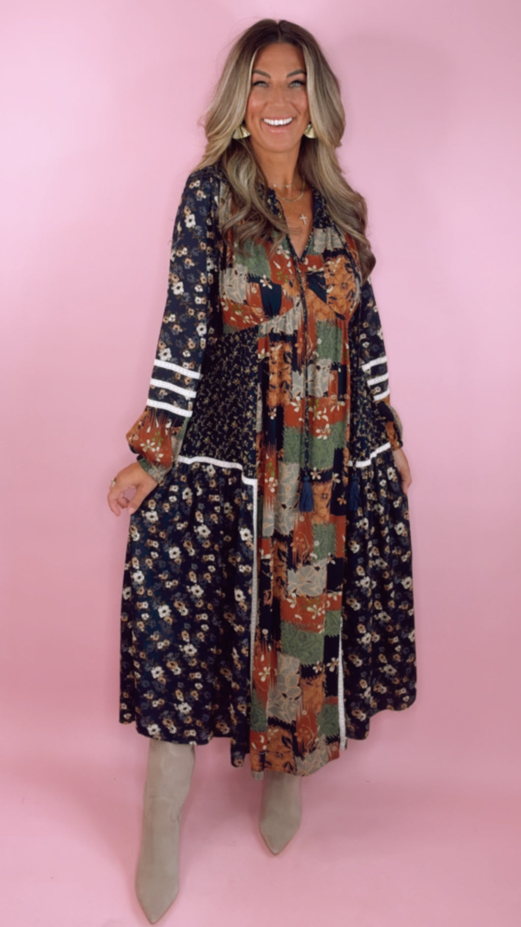 Navy Floral Patchwork Midi Dress