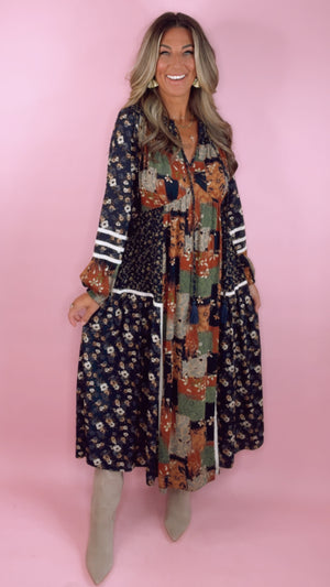 Navy Floral Patchwork Midi Dress