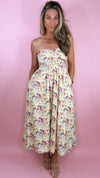 Pink and Yellow Strapless Lattice Back Midi Dress