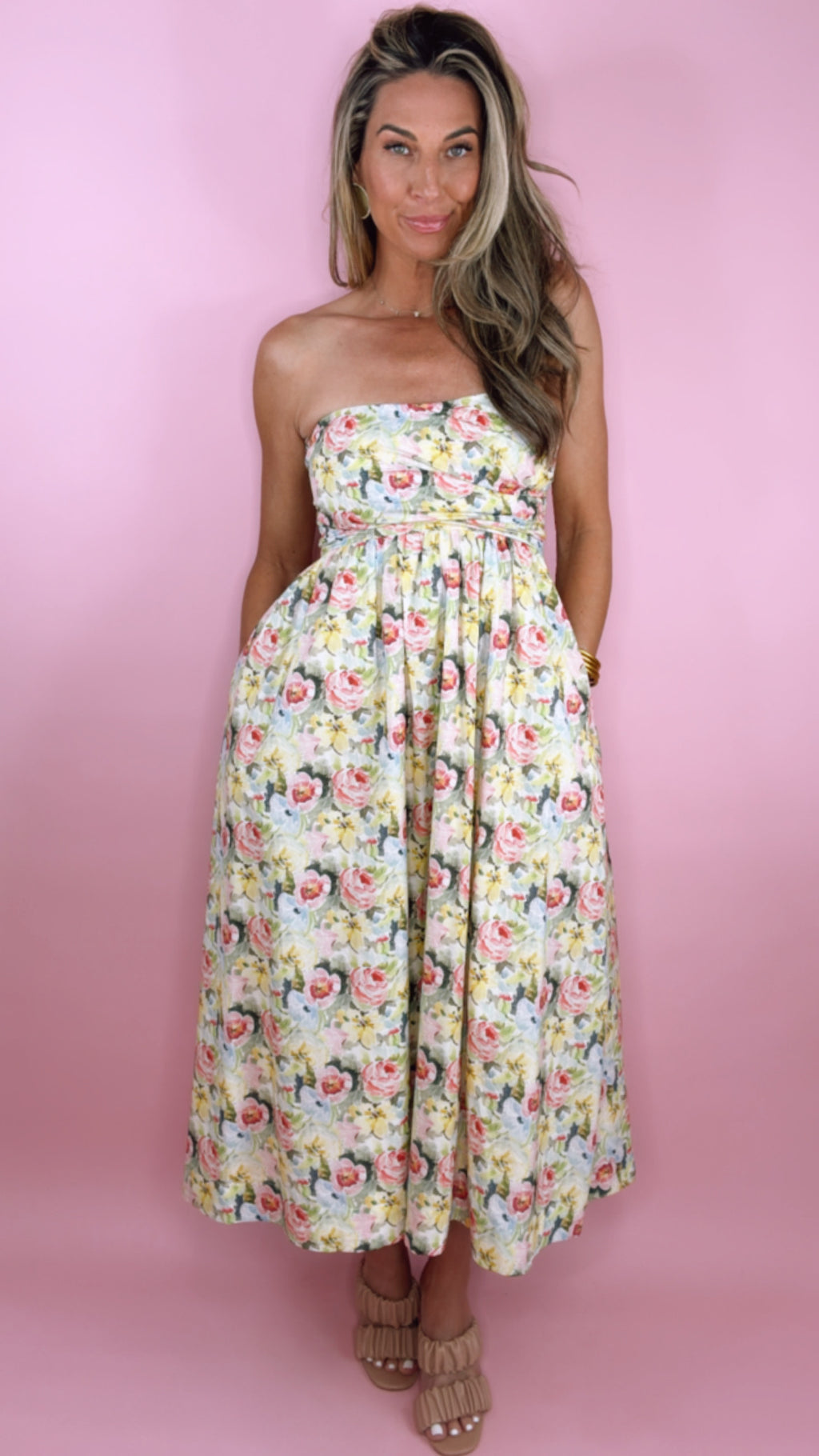 Pink and Yellow Strapless Lattice Back Midi Dress