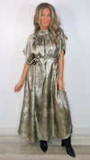 Gold Metallic Coated Foil Floral Corsage Midi Dress (MEDIUM)