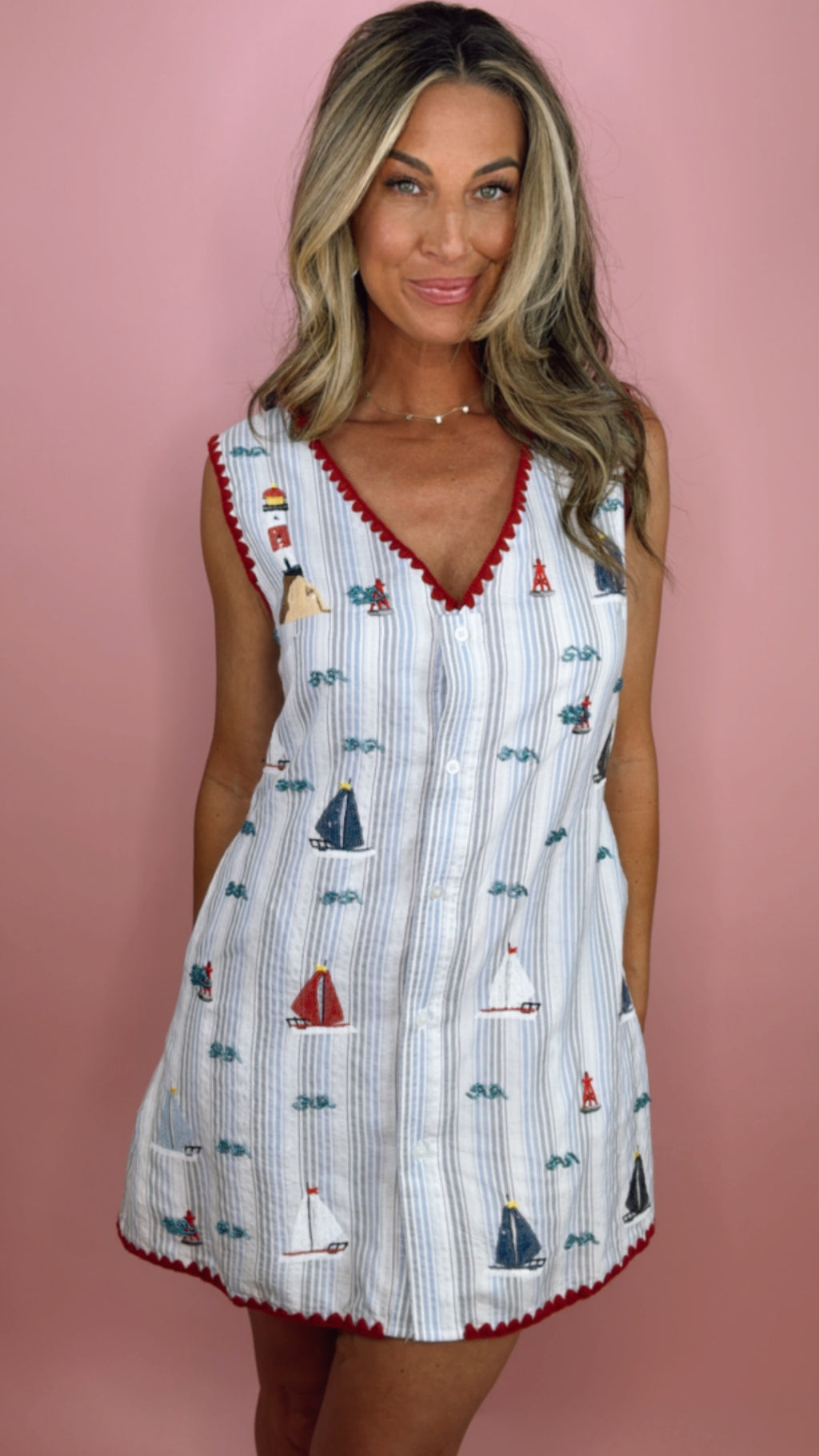 Queen of Sparkles Striped Sailboat V-Neck Tank Dress