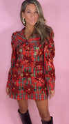 Queen of Sparkles Red Plaid Poinsettia Oversized Collar Puff Sleeve Dress