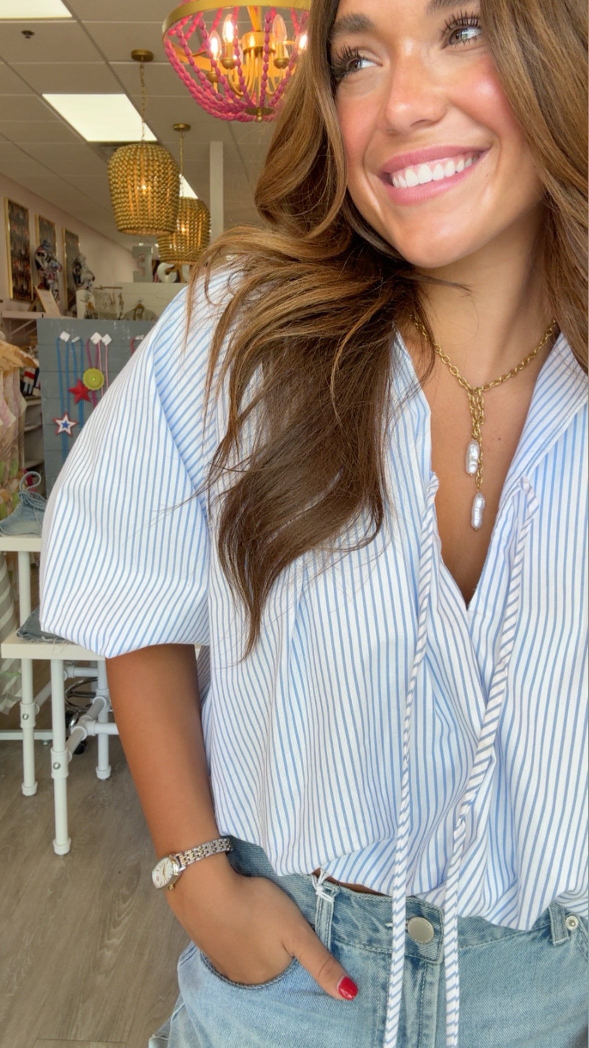 Karlie | Blue Stripe Poplin Bubble 3/4 Sleeve Top (1 LARGE)
