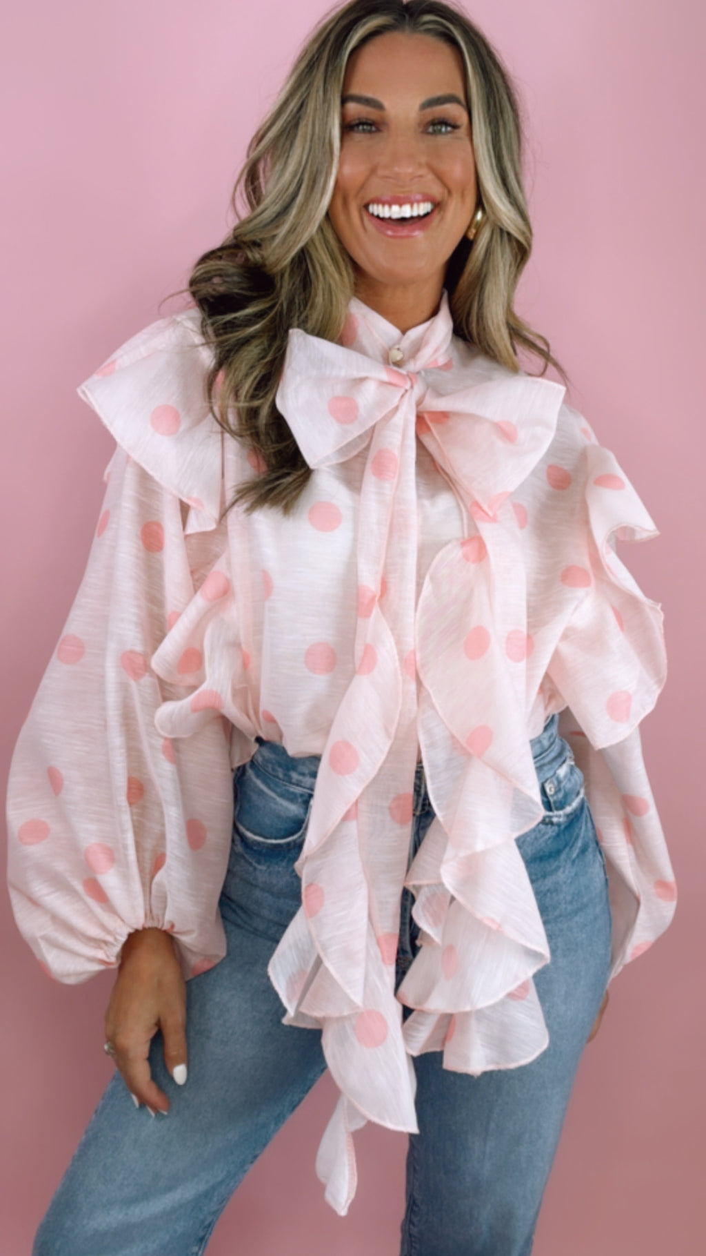 Polka Dot Ruffle Bow Neck Top