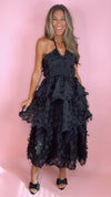 Black Halter 3D Circle Tiered Midi Dress