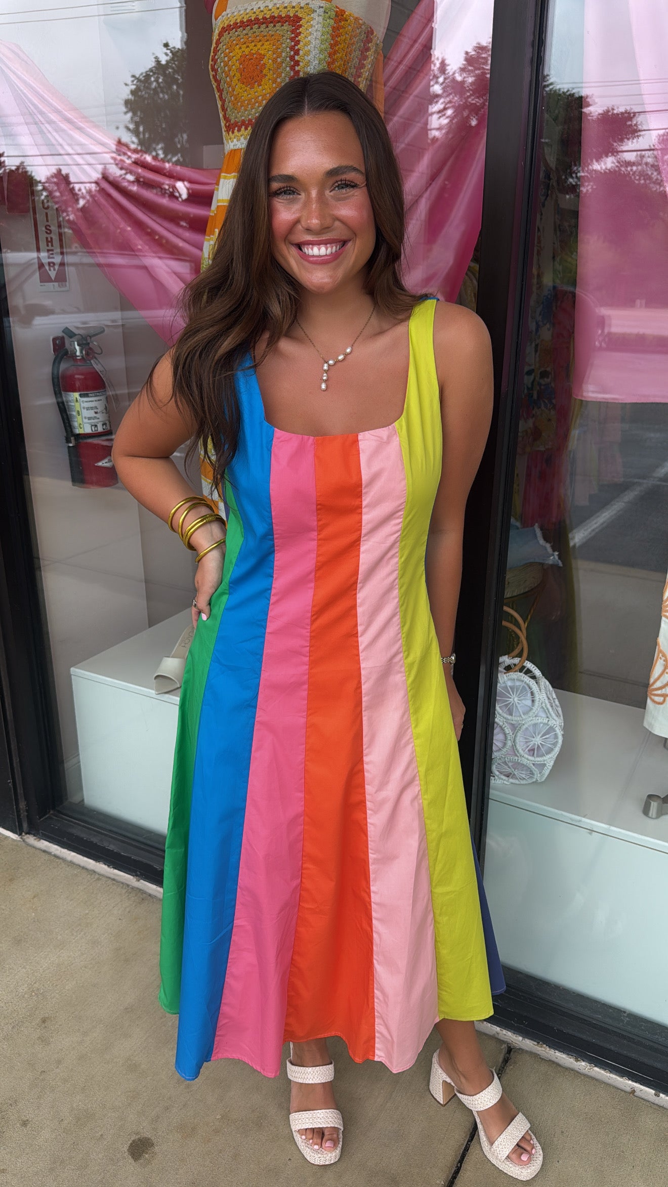 Rainbow Colorblock A-Line Midi Dress (LARGE)