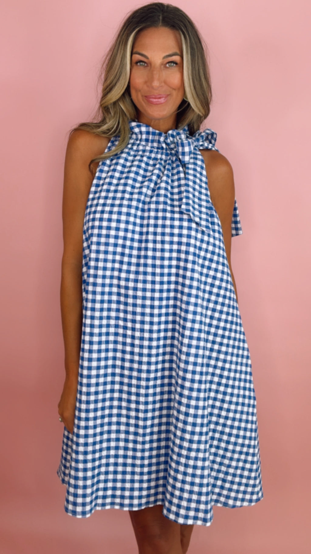 Gingham Blue Tie Neck Ruffle Sleeveless Dress