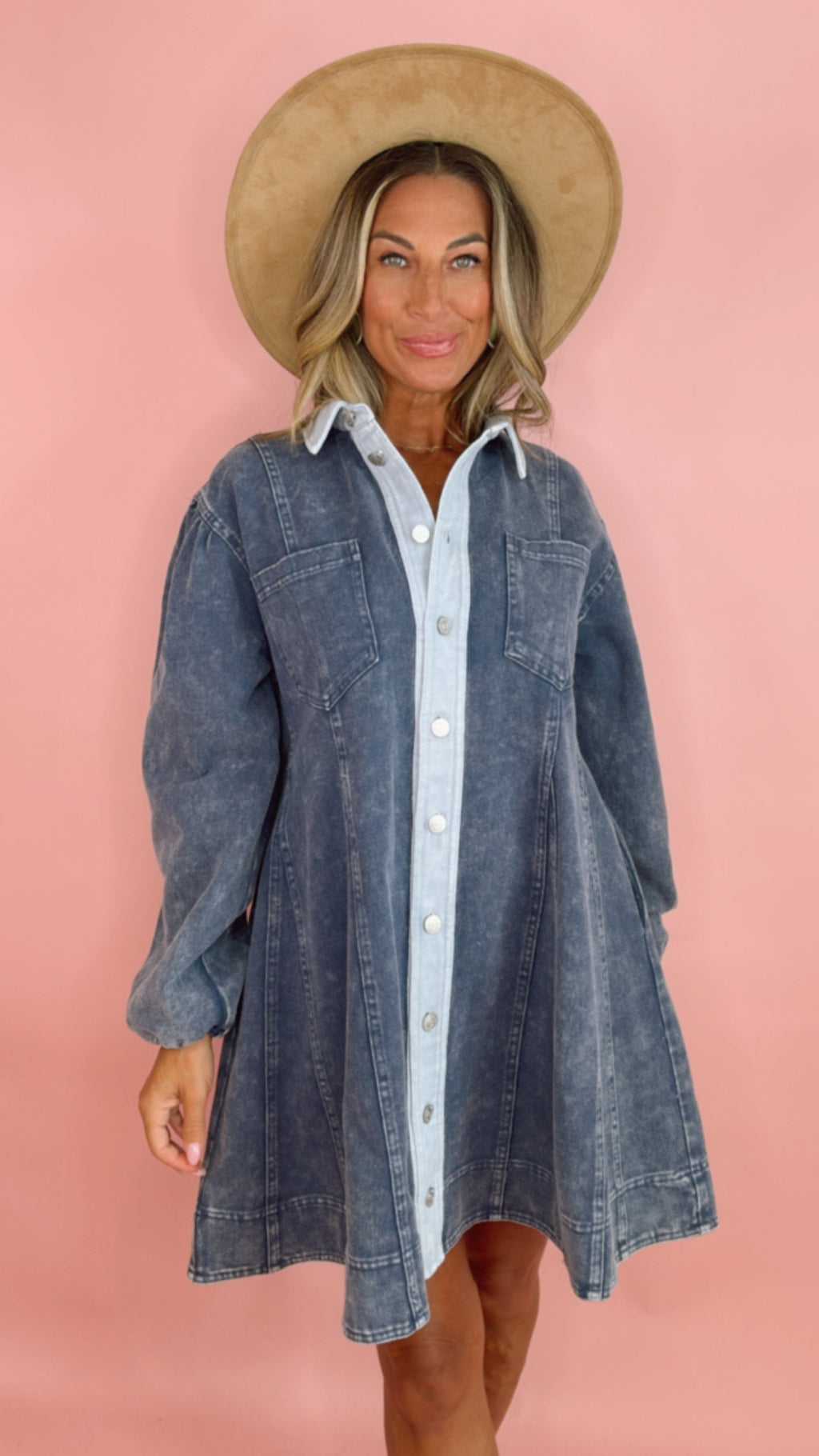 Washed Indigo Denim Button Down Mini Dress (1 MEDIUM)