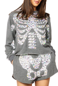 Queen of Sparkles | Charcoal Iridescent Jeweled Skeleton Sweatshirt