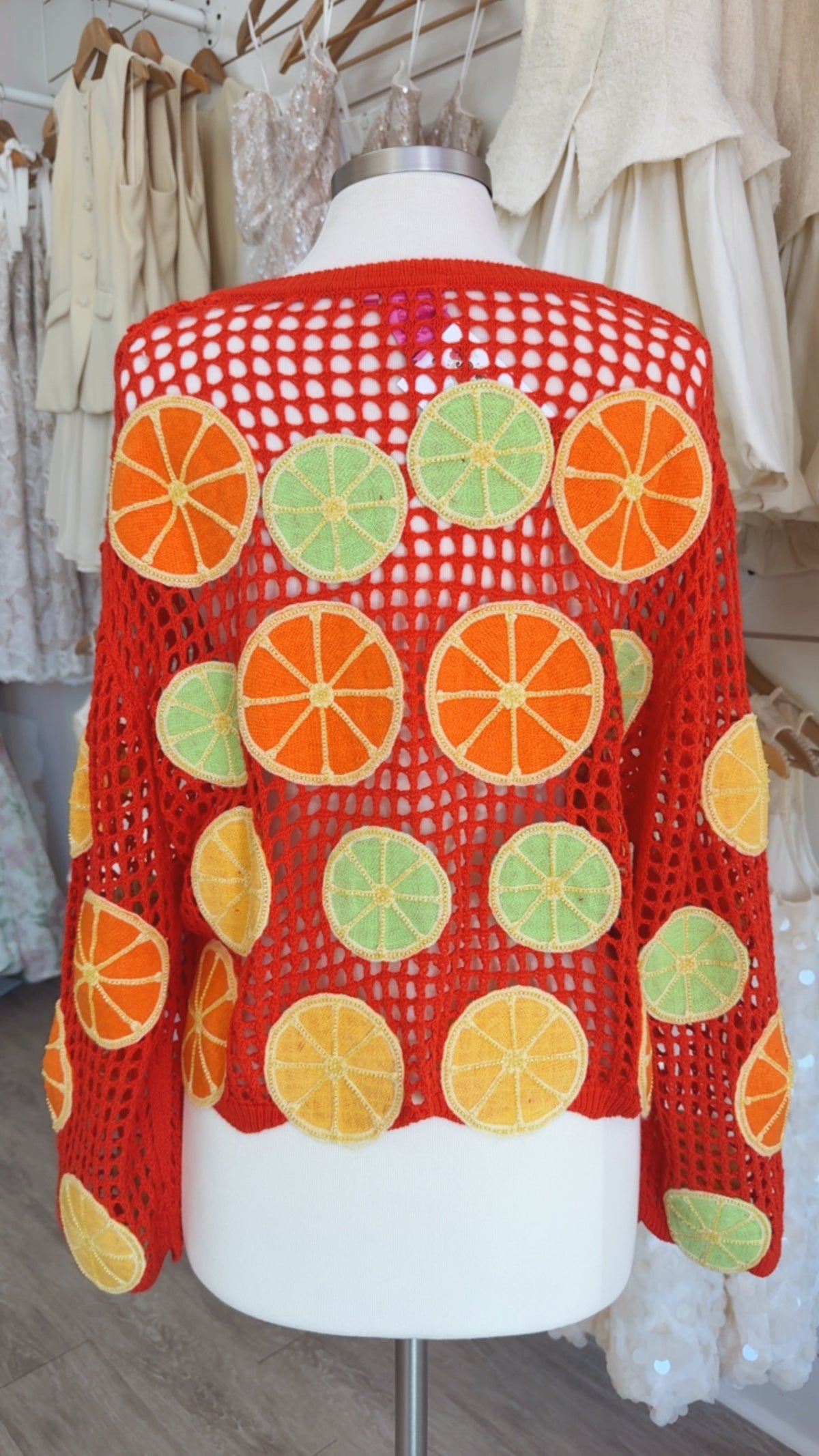 Queen of Sparkles | Crochet Lemon, Lime and Orange Button Up Sweater (SMALL)
