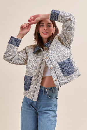 Quilted Cream and Blue Bandana Quilted Jacket