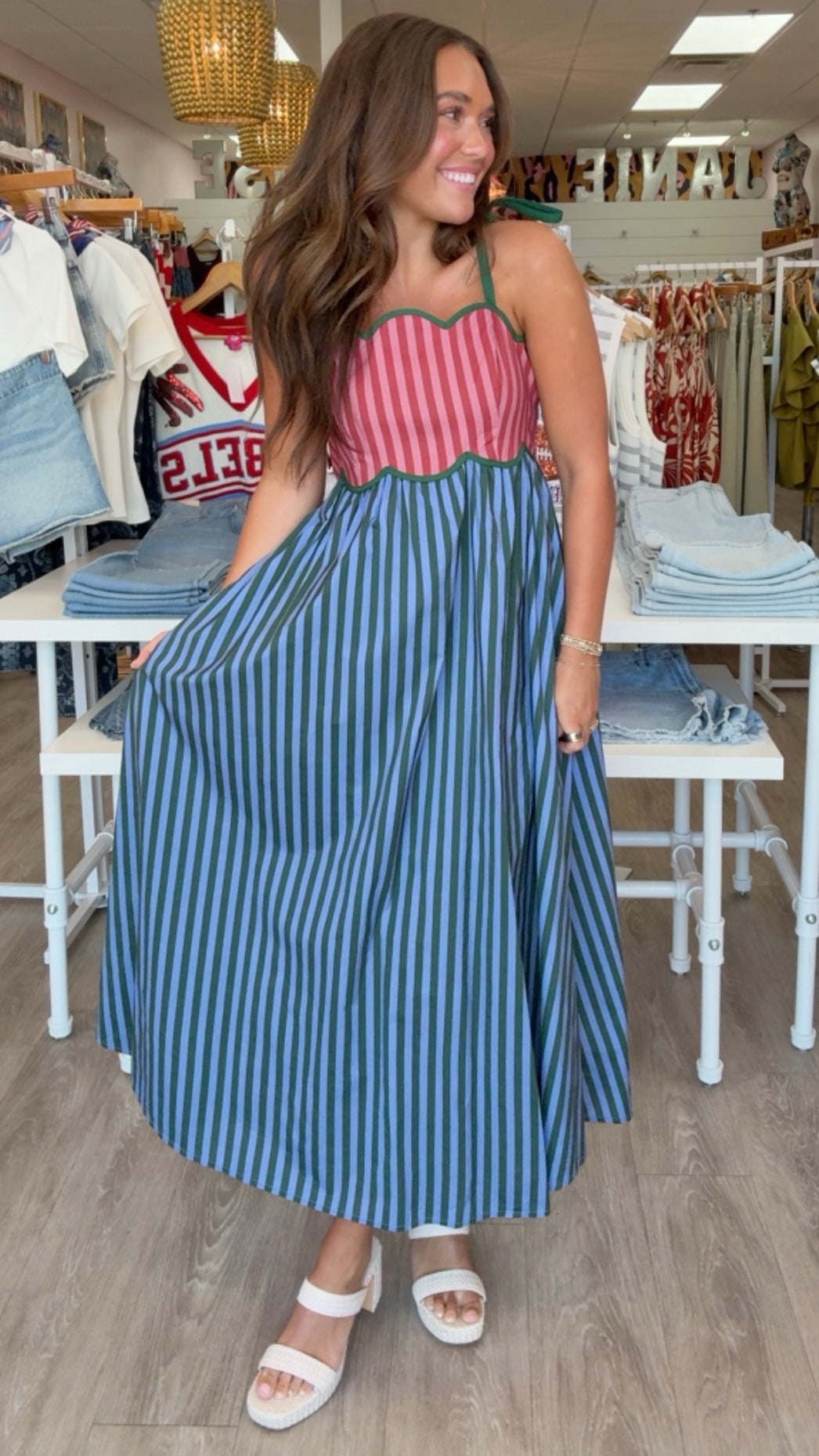 Hunter Green & Blue Scallop Stripe Midi Dress