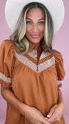 Caramel Embroidered Smocked Puff Sleeve Dress (1 SMALL)