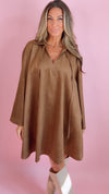 FRNCH: Amsonia Tie Neck Brown Suede Dress