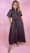 Navy Plaid Tie Waist Midi Dress