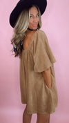 Mocha Suede Puff Sleeve Relaxed Fit Babydoll Romper