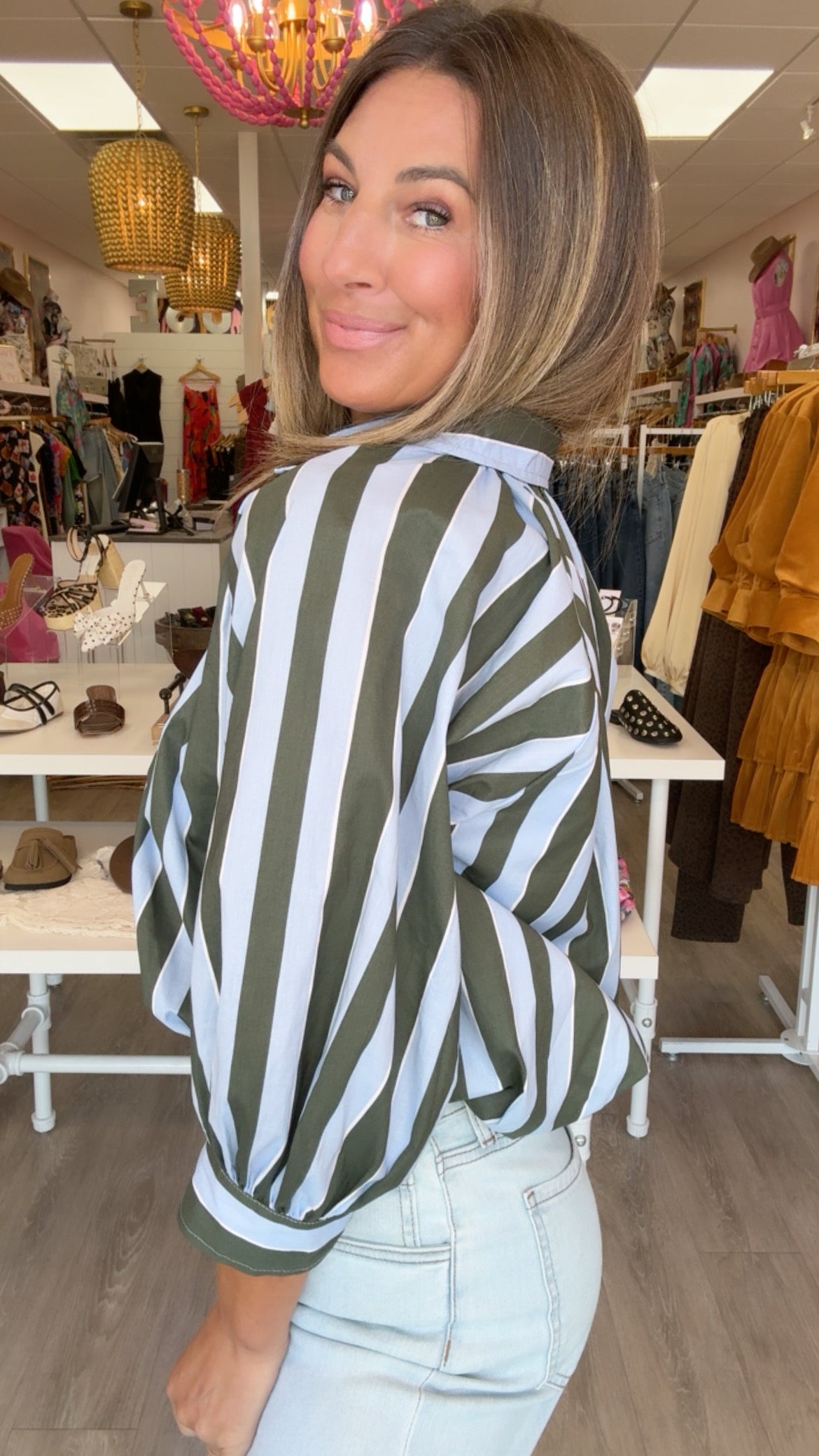 Karlie | Blue Stripe Collar Bubble 3/4 Sleeve Top