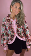 Queen of Sparkles Pink Plaid Poinsettia Button Up Collar Sweater