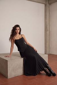 Black Heavy Woven + Chiffon Mixed Asymmetical Maxi