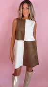 Brown and Ecru Suede Colorblock Mod Shift Dress