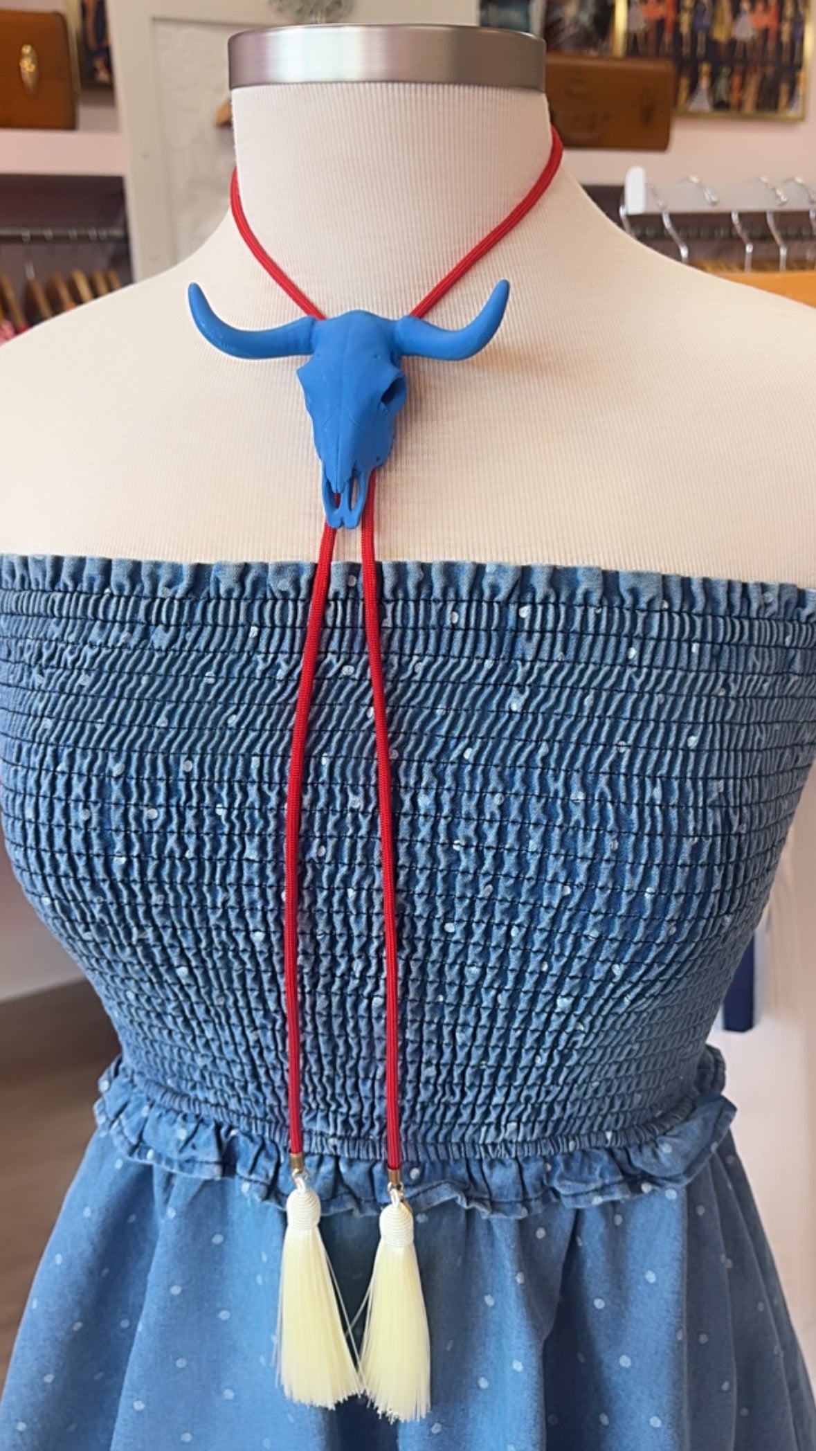 Longhorn Bolo Ocean Blue with Red & Ivory Tassle