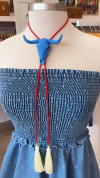 Longhorn Bolo Ocean Blue with Red & Ivory Tassle