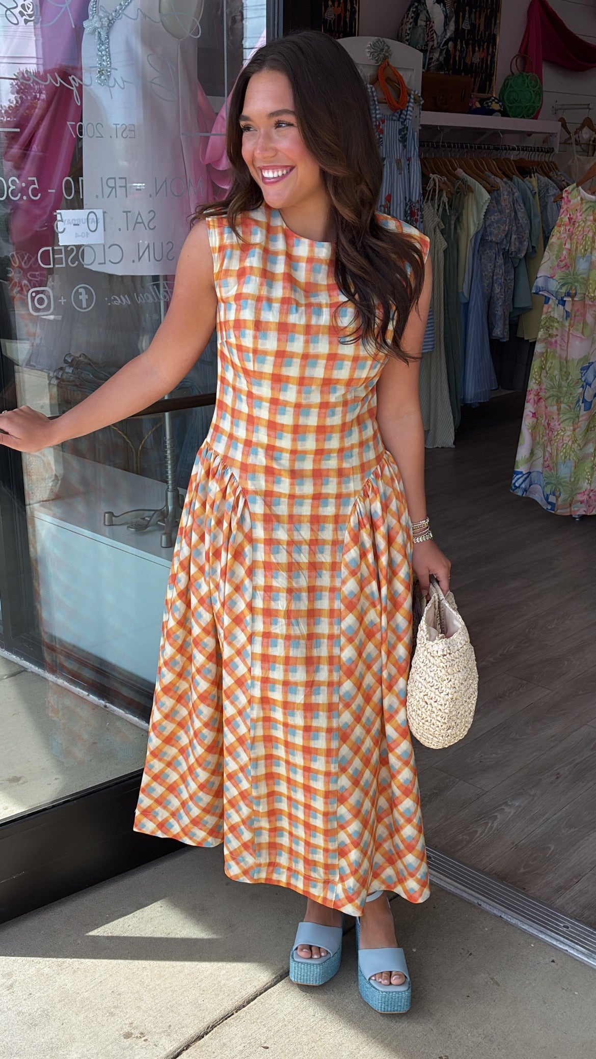 Plaid Basque Waist Midi Dress