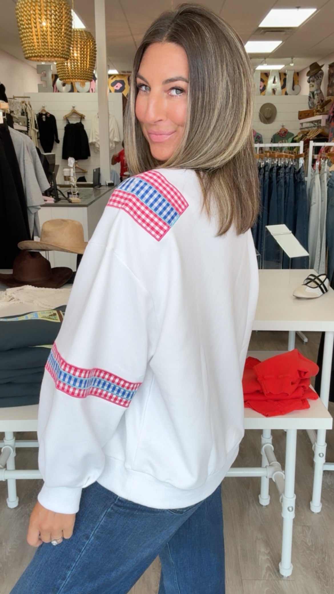Queen of Sparkles | Ole Miss Gingham Letter Jersey Sweatshirt
