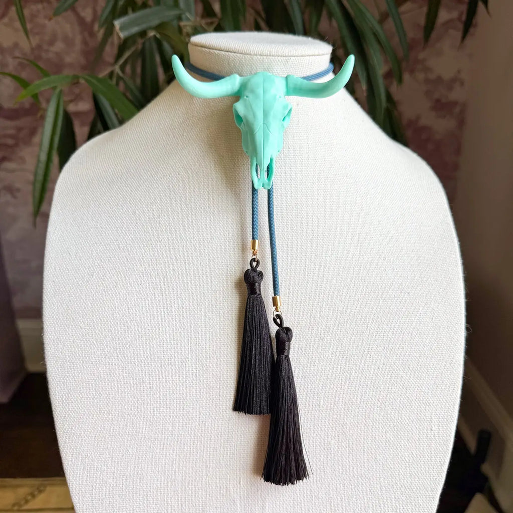 Longhorn Bolo with Storm Blue & Black Tassel
