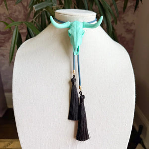 Longhorn Bolo with Storm Blue & Black Tassel