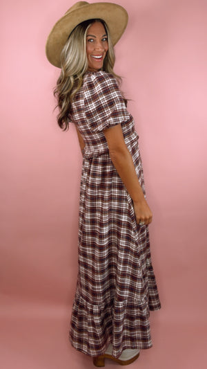 Rylee + Cru Kate Burgundy Plaid Midi Dress (1 XL)