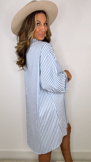Sky Blue Oversized Stripe Button Up Dress (MEDIUM)