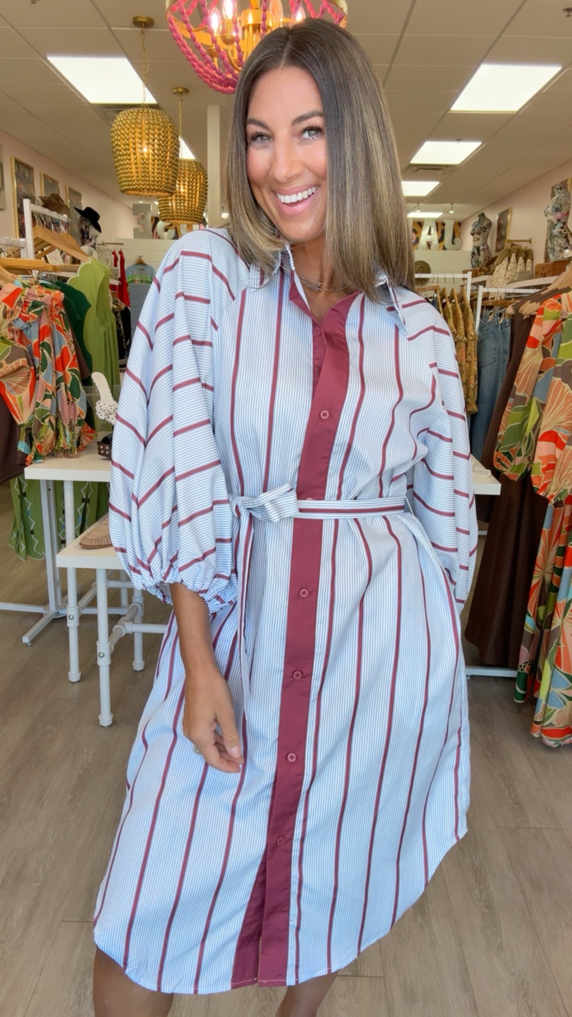 Karlie | Burgundy Stripe Midi Shirt Dress