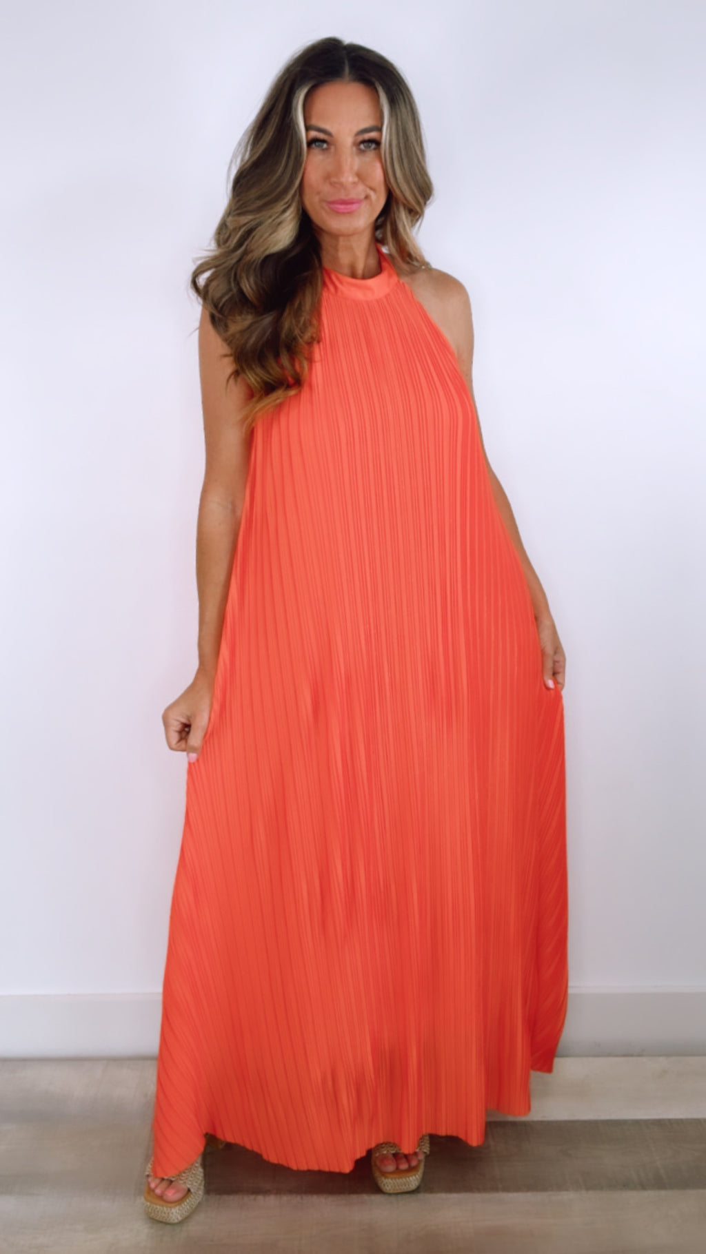 FRNCH Manelle orange Pleat Midi Dress